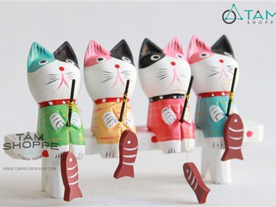 Bộ 4 mèo gỗ câu cá Zakka Nhật Bản